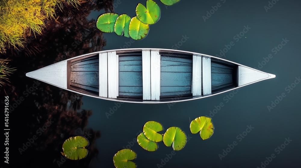 Poster white canoe is floating on a lake with lily pads in the water. the scene is peaceful and serene, wit