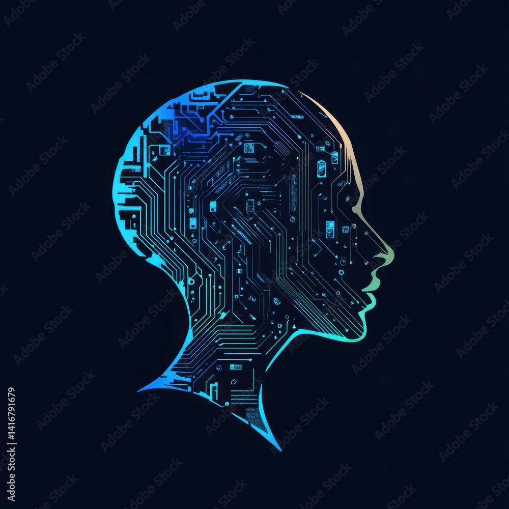 Poster futuristic head profile with intricate circuit board design against a dark background
