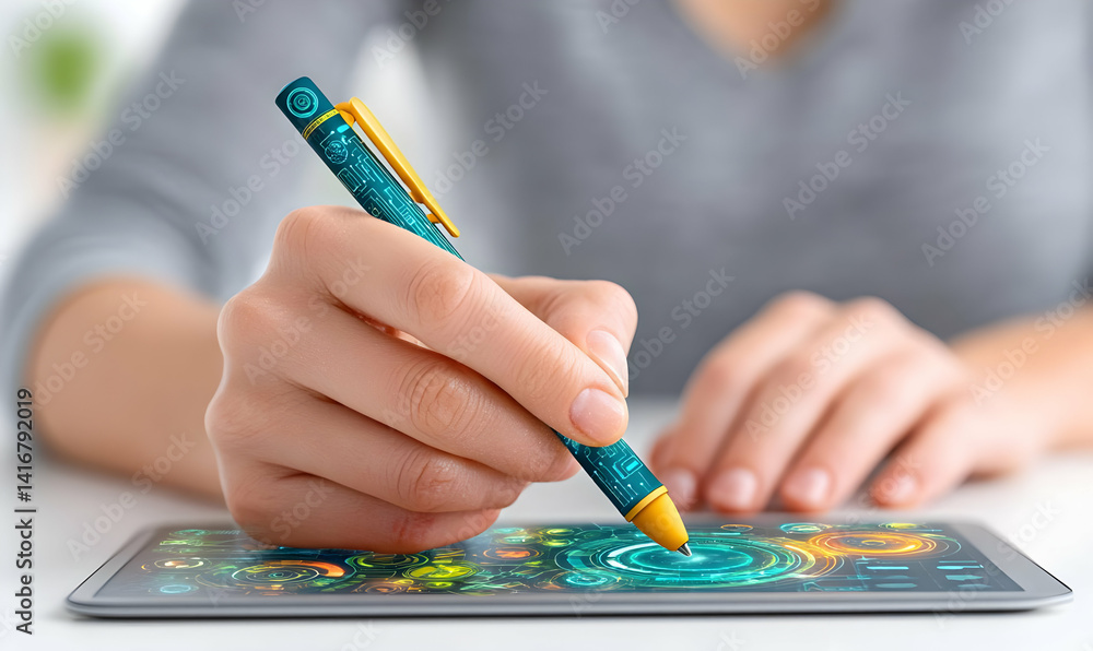 Poster high-quality hologram design with hands using stylus on digital tablet