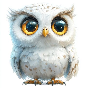 Cute cartoon white owl. Adorable bird with big yellow eye s in watercolor style