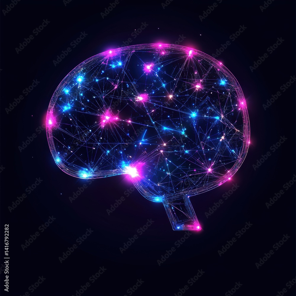 Poster digital brain concept: connected network of ideas with glowing nodes and lines