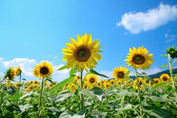 Fototapeta premium Sunflower field under bright blue sky and scattered clouds