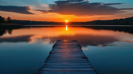 Obraz premium Tranquil lake sunset with dock reflections in calm waters