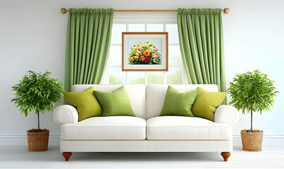 Modern Living Room Design with Green Curtains and Bright Accents