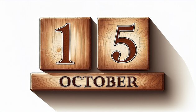 Illustration of wooden blocks with date 15 October. Day and month, simple calendar