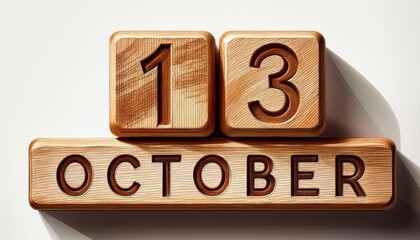 Illustration of wooden blocks with date 13 October. Day and month, simple calendar