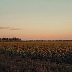 Field of sunflowers under dusky skies. Trees distant. Serene scene
