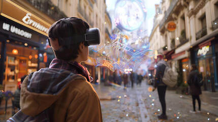 Obraz premium A person using a vr headset in a city street with augmented reality graphics overlaid on the scene