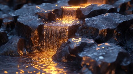 Small Waterfall Flowing Over Rocks with Golden Light Reflections Image