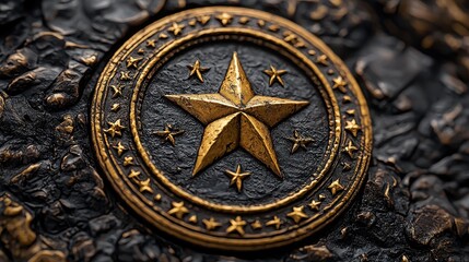 Close-up of a textured bronze star emblem with intricate details and background