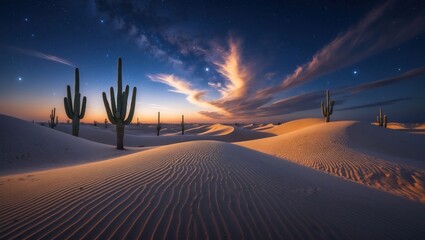 Desert landscape with cactus and starry night