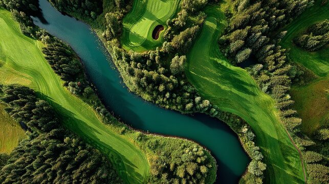 Top-Down Aerial View of a Scenic Green Golf Course with a Meandering River and Natural Landscape Elements
