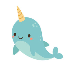Cute blue narwhal with a golden horn and rounded fins, perfect for ocean-themed kids’ illustrations, aquatic fantasy designs, and Arctic wildlife projects.