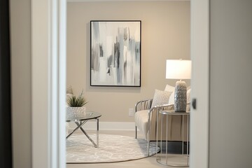 A glimpse of a modern living room featuring a beige sofa, a glass coffee table, and a framed abstract artwork
