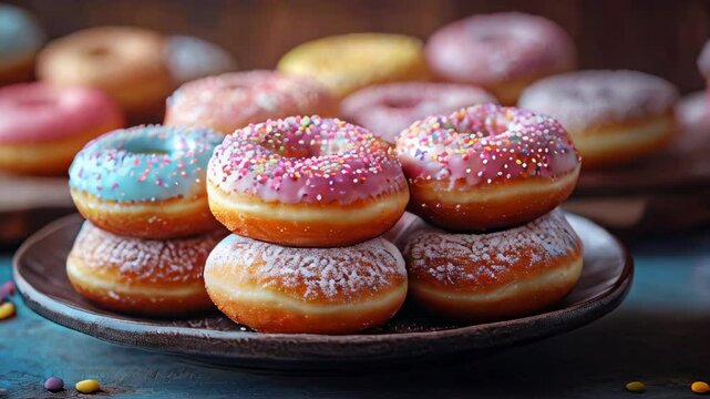 Delicious and colorful donuts are stacked on a rustic wooden plate. The fresh pastries feature bright icing and festive sprinkles, inviting anyone with a sweet tooth. Perfect for dessert lovers.