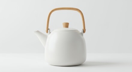 Modern white ceramic tea kettle with wooden handles