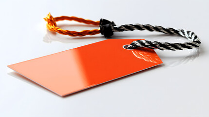 A red tag with a black and silver cord. Generated using AI.
