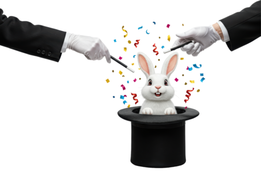 Isolated Rabbit Appearing from Magic Hat with Confetti