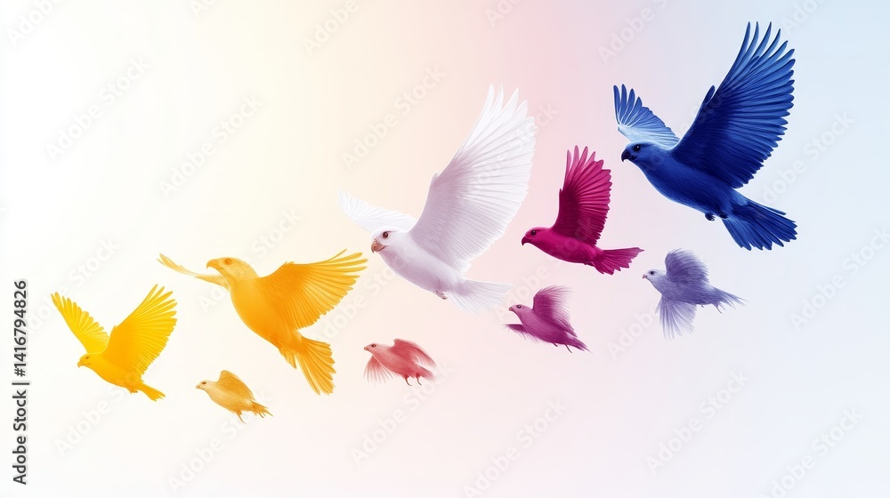 Poster ascension of colorful avian forms a vibrant spectrum of hope and artistic expression in flight symbo