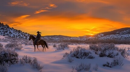 Naklejka premium Sunset Cowboy Ride in Snowy Mountains
