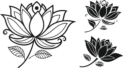 Black Lotus Flower Icons for Yoga and Wellness Design | Minimal Lotus Flower Silhouettes for Meditation Projects | Elegant Lotus Icon Set for Branding and Logos | Lotus Flower Clipart in Black