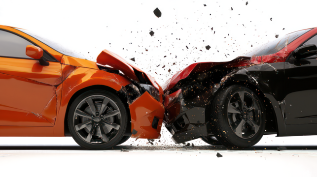 High-Speed Head-On Car Collision – Dramatic Crash with Flying Debris and Destruction, Isolated on Transparent Background