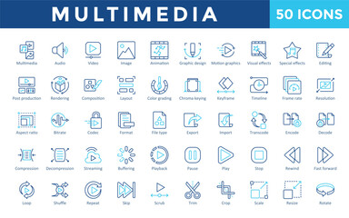 Multimedia icons set with multimedia, audio, video, image, animation, graphic design, motion graphics, visual effects, special effects, editing icon. Simple outline color vector 
