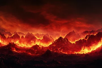 Gordijnen fiery volcanic landscape with glowing lava and dark smoke under dramatic red sky. concept of danger and power of nature. abstract background, poster © Artem Zatsepilin