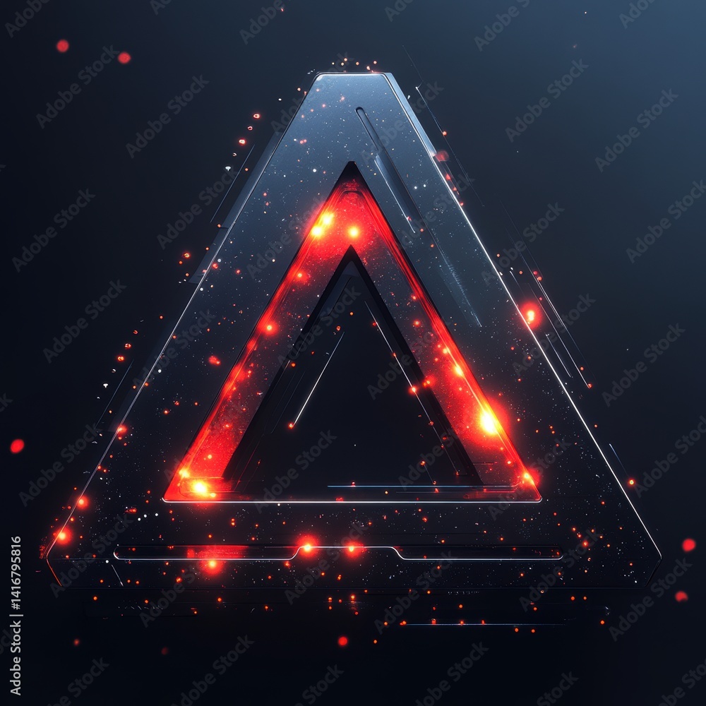 Poster abstract glowing futuristic triangle design with red lights and metallic texture on dark blue backgr