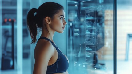 Woman engages with digital fitness interface in modern gym during early morning workout session