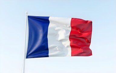 High-resolution closeup shot of France national flag isolated on white background with detailed fabric texture and realistic patriotic symbolism for design and presentation purposes

