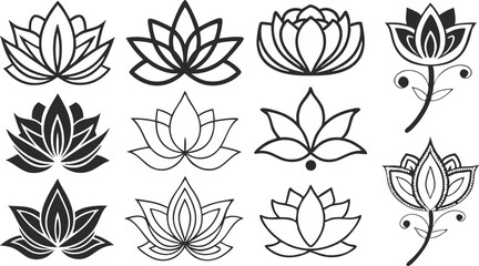 Black Lotus Flower Icons for Yoga and Wellness Design | Minimal Lotus Flower Silhouettes for Meditation Projects | Elegant Lotus Icon Set for Branding and Logos | Lotus Flower Clipart in Black