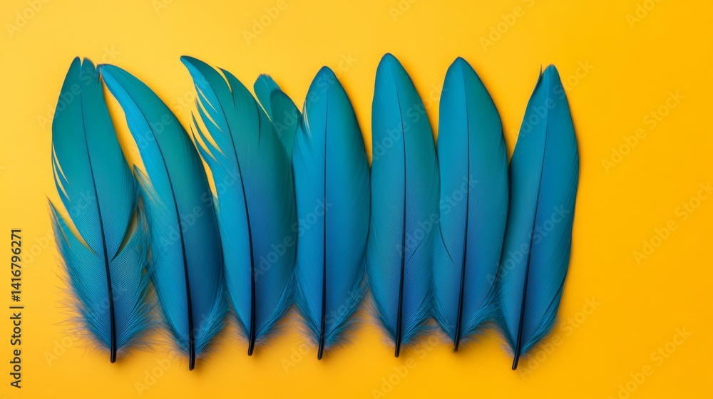 Poster row of blue feathers on a yellow background. the feathers are arranged in a line, with some overlapp