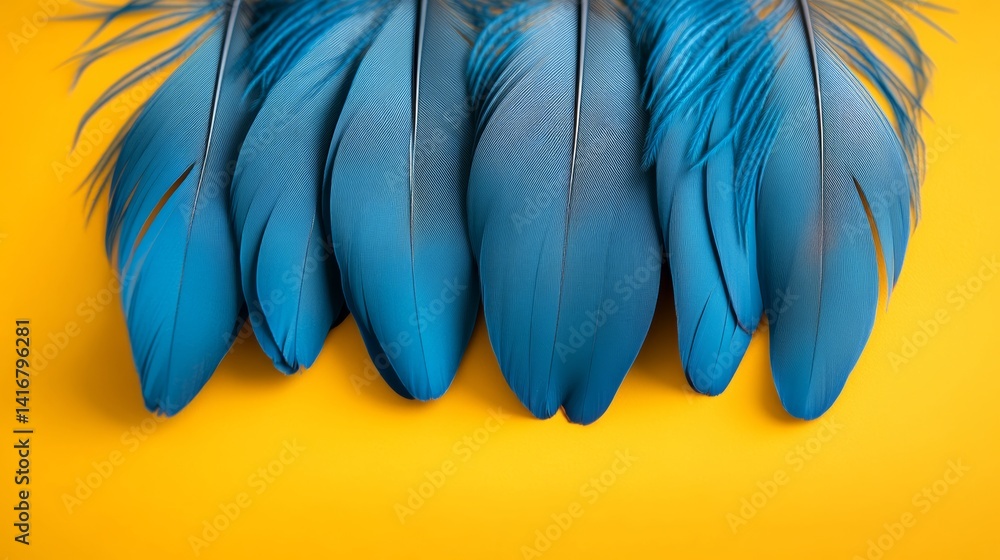 Poster row of blue feathers on a yellow background. the feathers are arranged in a way that they look like 