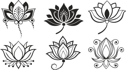 Black Lotus Flower Icons for Yoga and Wellness Design | Minimal Lotus Flower Silhouettes for Meditation Projects | Elegant Lotus Icon Set for Branding and Logos | Lotus Flower Clipart in Black