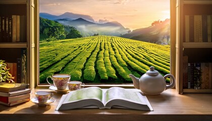 A cozy indoor scene with a teapot, teacups, and books by the window with a view of tea fields