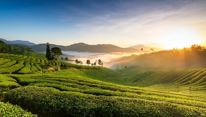 Obraz premium A peaceful tea plantation at sunrise with rolling green hills and morning mist