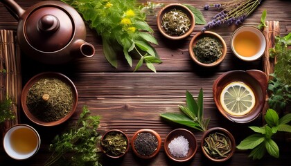 A rustic wooden table with loose tea leaves, steaming teacups, and herbs surrounded by greenery