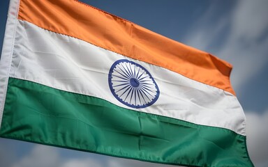 High-resolution closeup shot of India national flag isolated on white background showing detailed fabric texture, vibrant saffron white green tricolor, and Ashoka Chakra symbol for patriotic and desig
