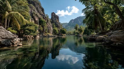 Secluded lagoon surrounded by high cliffs and tropical trees, summer sky reflections in water, untouched exotic paradise
