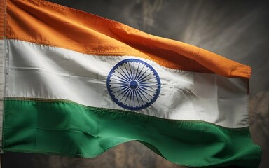 High-resolution closeup shot of India national flag isolated on white background showing detailed fabric texture, vibrant saffron white green tricolor, and Ashoka Chakra symbol for patriotic and desig