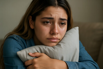 Young Woman Crying Alone While Hugging Pillow in Emotional Distress