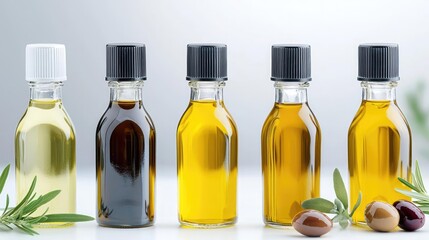 Assortment of cooking oils in clear bottles vibrant culinary photography