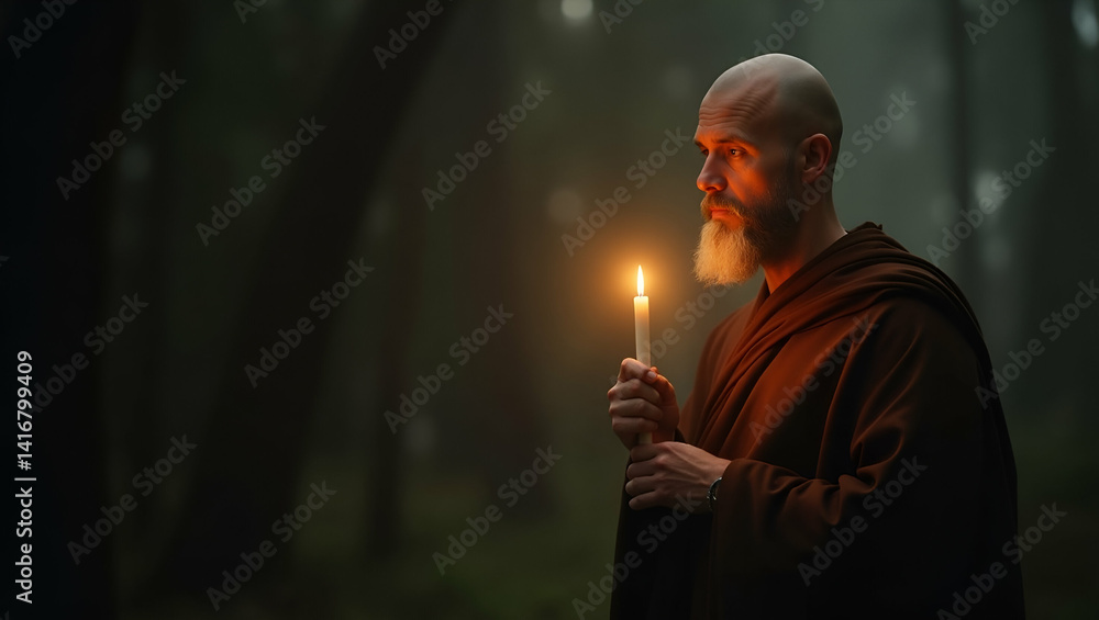 Poster contemplative monk with luminous candle: a symbol of guidance and purity in tranquil surroundings - 