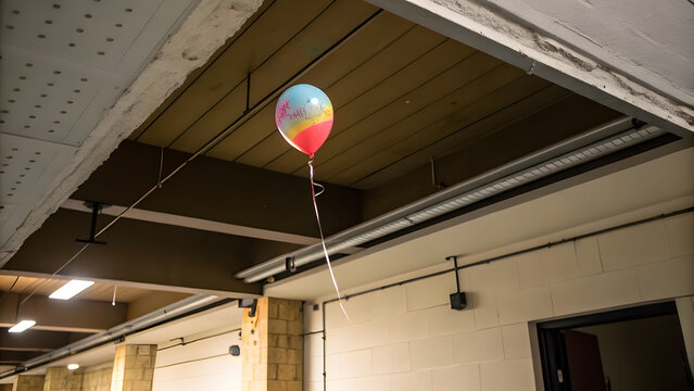 Balloon Pressed Against Low Ceiling Representing Suppressed Childhood Dreams. Perfect for: Children's Day, Mental Health Awareness Week, therapy offices