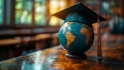 A graduation cap rests on a globe representing global education. The warm light illuminates a bustling academic space, capturing the achievement and excitement of learning. - Powered by Adobe