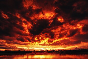 dramatic fiery sunset sky with vibrant orange and red clouds reflecting over tranquil lake. evening landscape scene. nature wallpaper, poster.