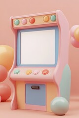 Pastel arcade machine with blank screen and colorful buttons.
