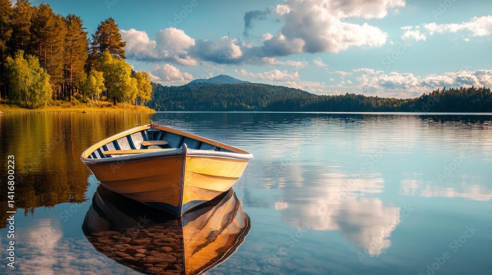Poster small boat is floating on a lake with a beautiful view of the mountains in the background. the calm 