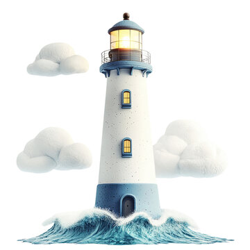 Png of A charming cartoon lighthouse with swirling waves, surrounded by fluffy clouds, radiating warmth and guidance.